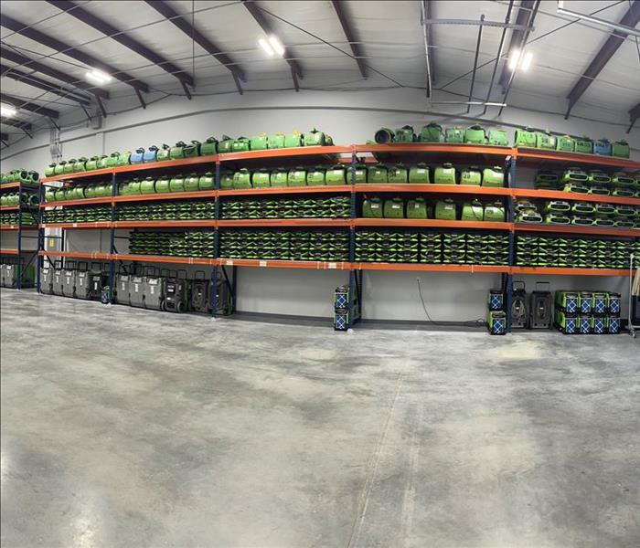 Warehouse of SERVPRO equipment lined up